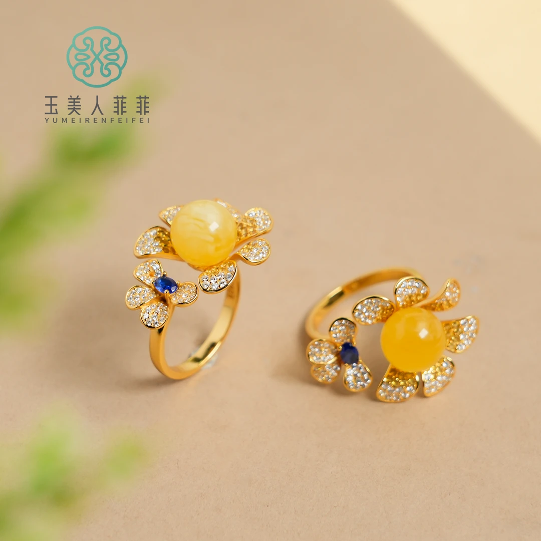 菲菲珠宝好*S925蜜蜡花朵圆珠约10mm可调节戒指~多样性发一