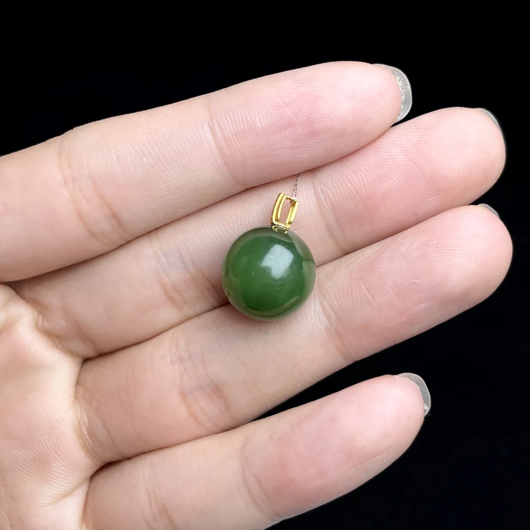 菲菲珠宝好*-18K和田玉圆珠吊坠约14mm