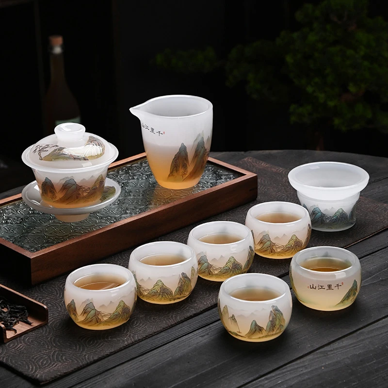 琉璃千里江山功夫茶具套装家用办公室山水盖碗公道杯送礼品中式