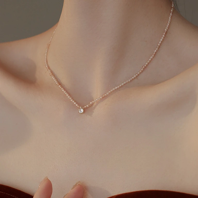 钛钢仿水晶项链 法式浪漫锆石粉嫩项链女气质女神配饰