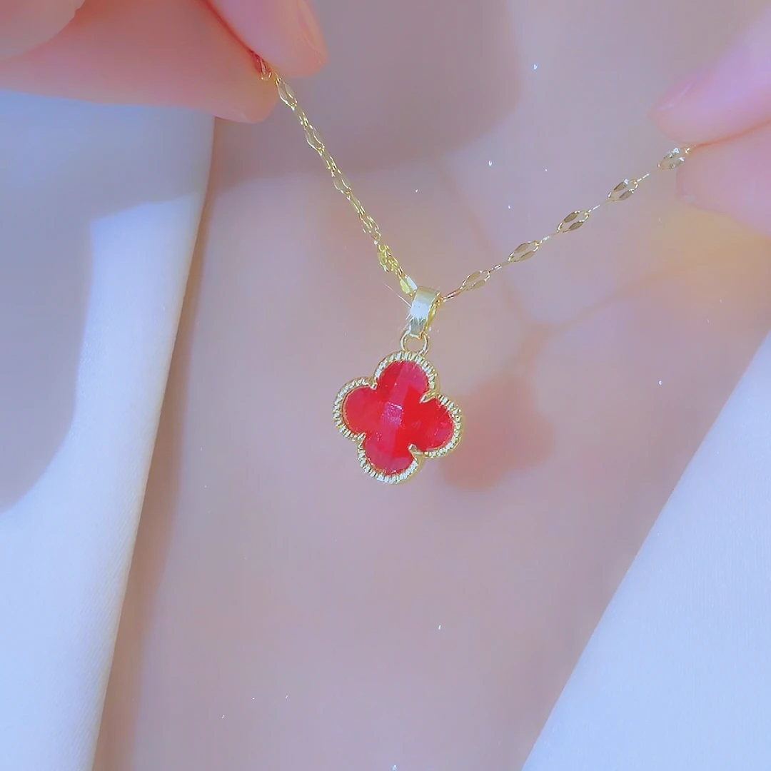 钛钢项链 7601～新品简约百搭红色幸运花项链女网名配饰锁骨链