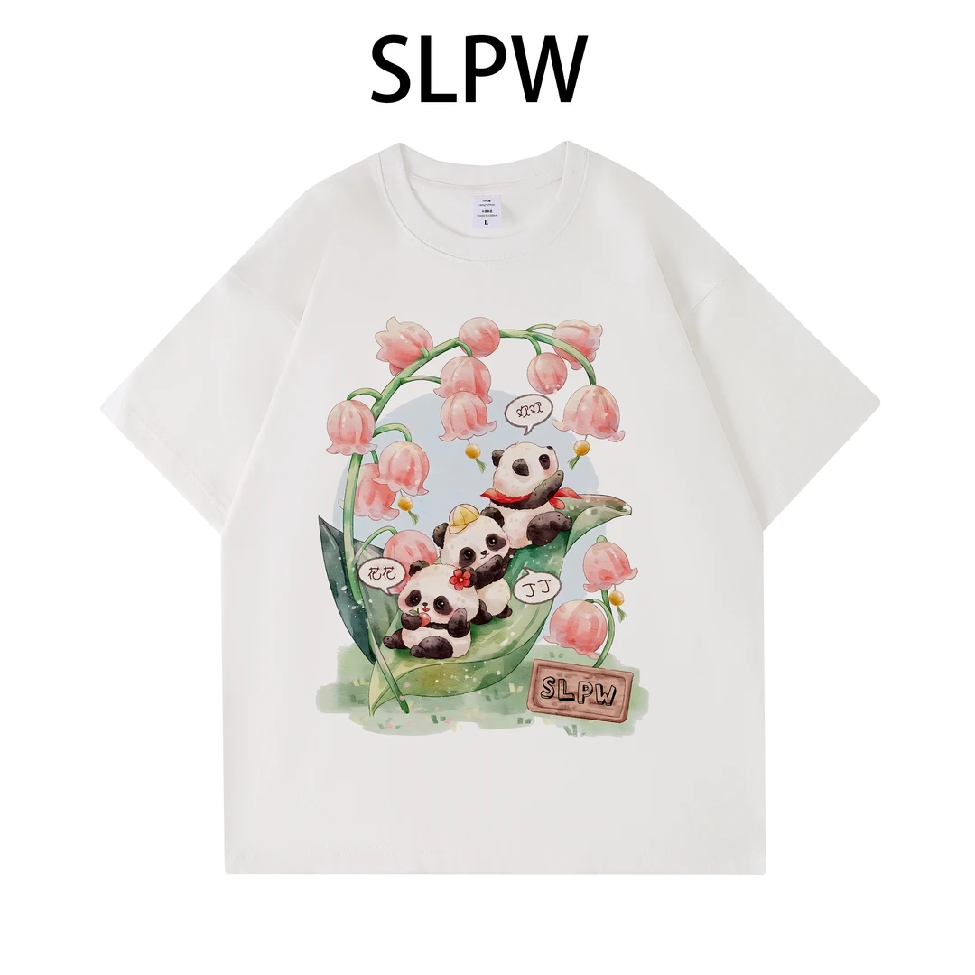 棉重磅夏季圆领短袖t恤男女厚实不透宽松休闲多色印花—花下熊猫