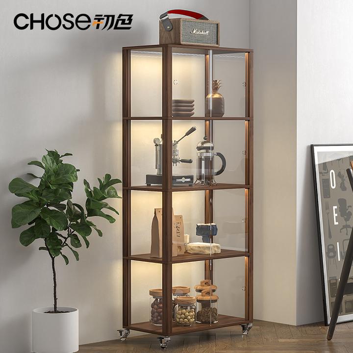 实木置物架家用现代带透明门防尘移动落地架书房亚克力多层收纳架