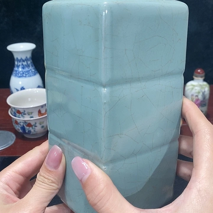 摆件宁**远天青色汝窑方瓶