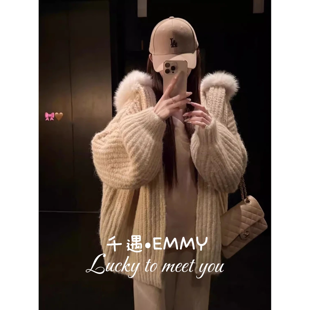 白色毛领连帽毛衣外套开衫女秋冬季新款宽松显瘦慵懒风针织衫上衣