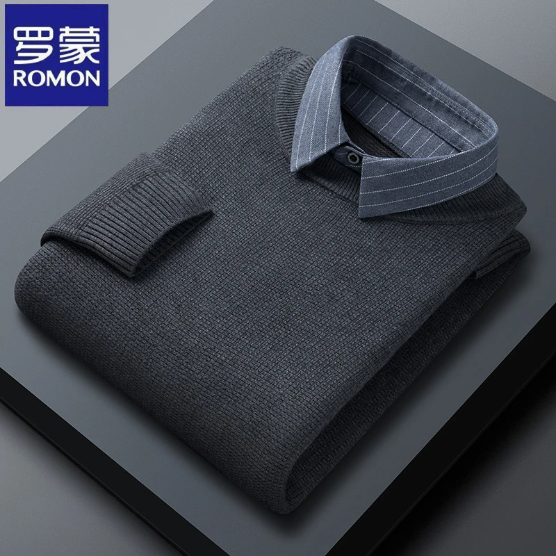 罗蒙春秋季商务假两件衬衫领毛衣新款男士打底针织衫休闲长袖上衣