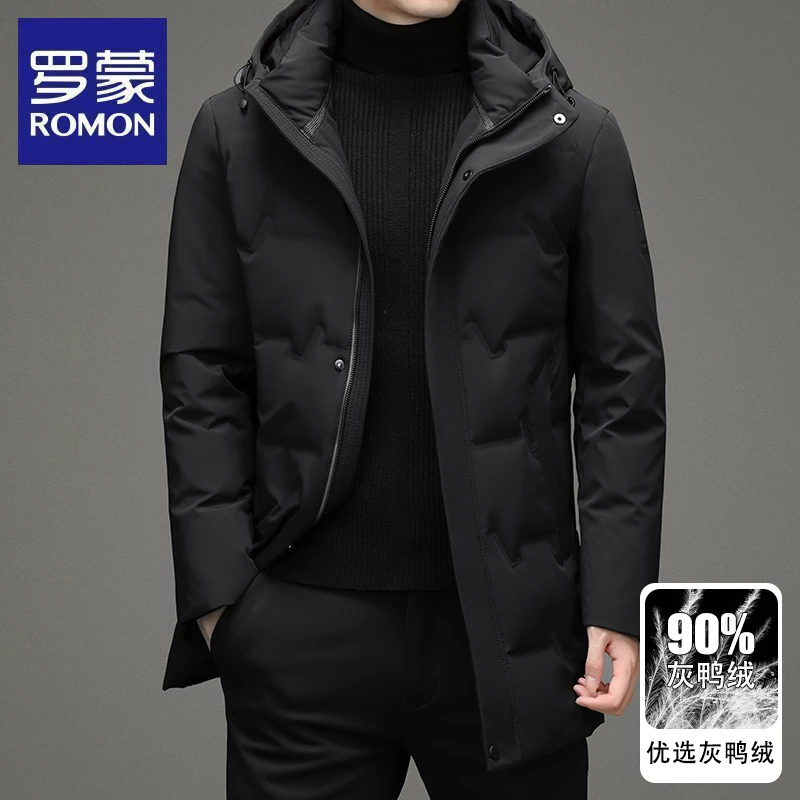 罗蒙羽绒服男士中长款2025年新款秋冬季加厚保暖连帽品牌冬装外套
