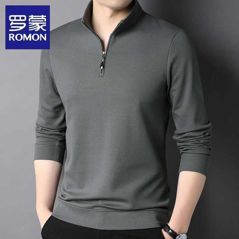 罗蒙春秋季新款男士休闲长袖T恤半拉链中青年打底体恤衫立领上衣