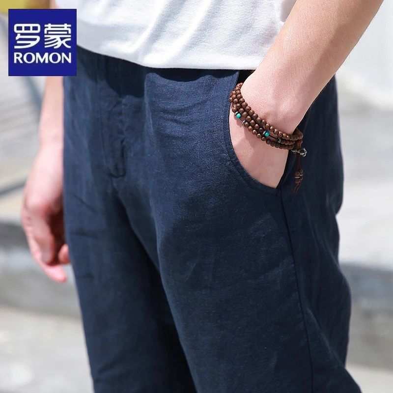 罗蒙夏季新款男士大码休闲长裤薄款百搭时尚韩版透气亚麻裤子潮流