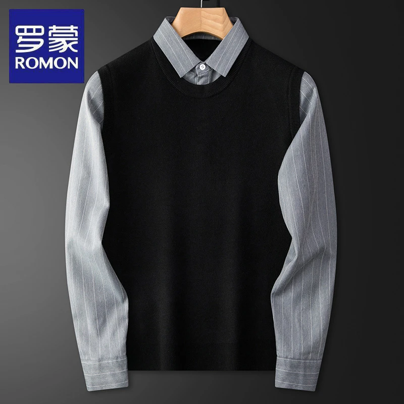 罗蒙秋冬季新款男士休闲假两件针织衫韩版百搭毛衣商务宽松上衣潮