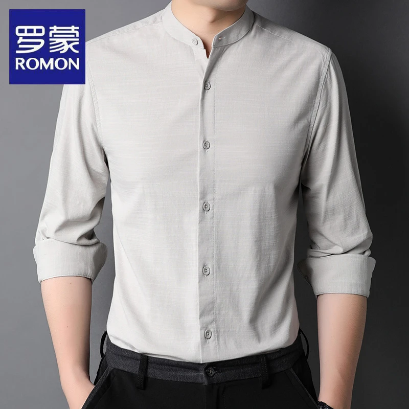 罗蒙春秋季中华领休闲时尚衬衣高档薄款百搭衬衫修身长袖男士上衣
