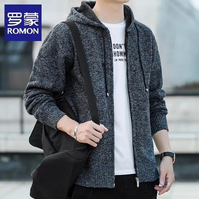 罗蒙春秋季新款男士休闲连帽卫衣时尚百搭宽松潮流外套纯色上衣潮