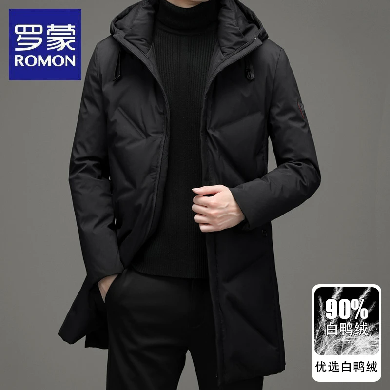 罗蒙羽绒服男士中长款2025年新款冬季连帽加厚保暖白鸭绒商务外套