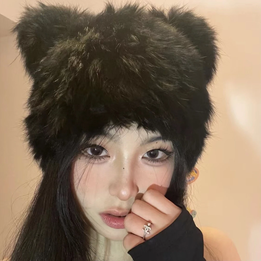 【奶兔兔】兔耳猫耳毛帽女秋冬手工编织包头皮草帽女兔毛保暖护耳