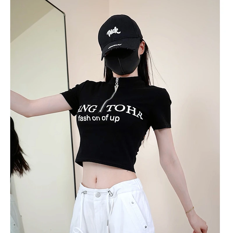 立领字母印花短袖T恤女2025夏季新款收腰显瘦百搭修身短款上衣
