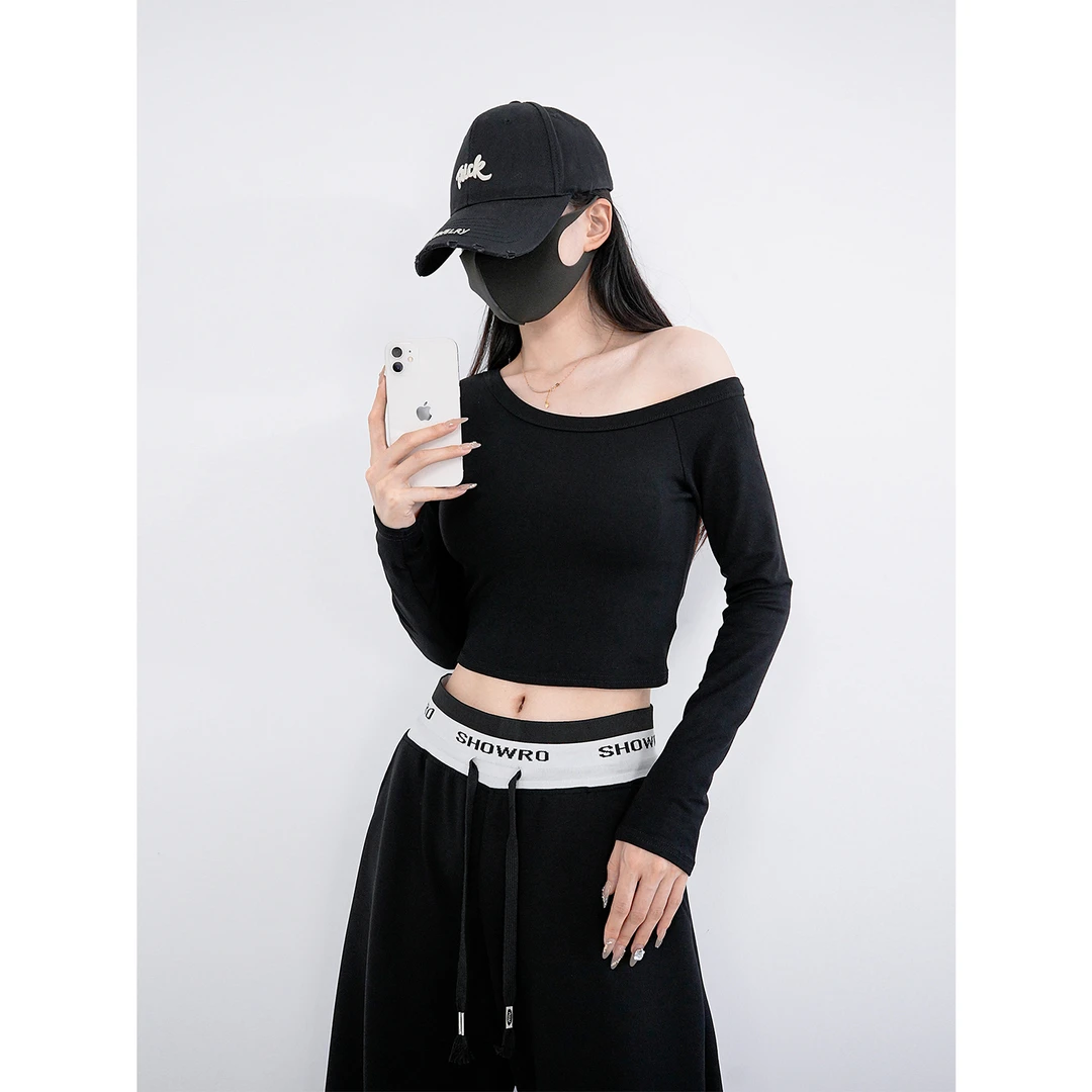 2025春季新款长袖T恤女不规则春秋一字斜肩修身显瘦打底百搭上衣