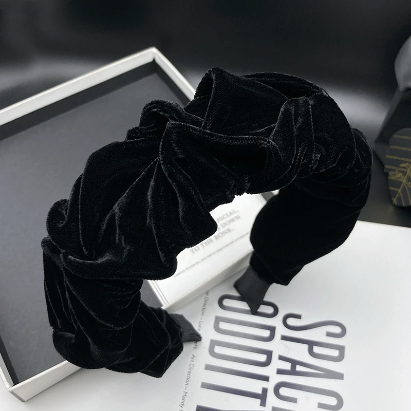 黑色褶皱绒面高颅顶发卡发箍女2023网红新款气质秋冬压发洗脸头箍