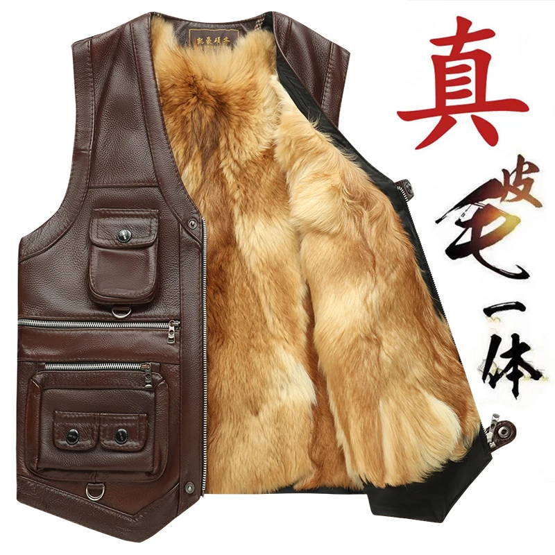 凯豪硕齐真皮马甲男中老年头层牛皮马夹冬季皮毛一体羊毛背心坎肩