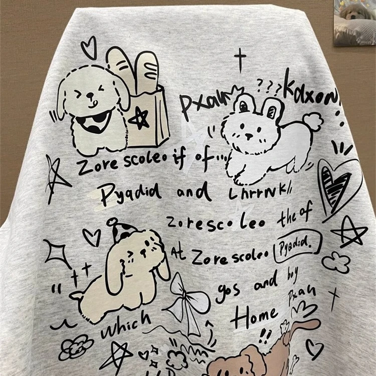 小众创意设计感卡通字母印花短袖t恤女夏季港风宽松别致圆领上衣