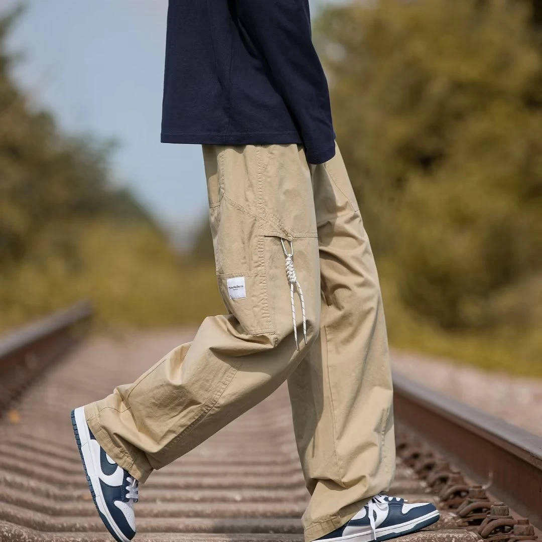 复古卡其色大码百搭工装长裤子男款春秋季宽松直筒休闲裤潮牌高级