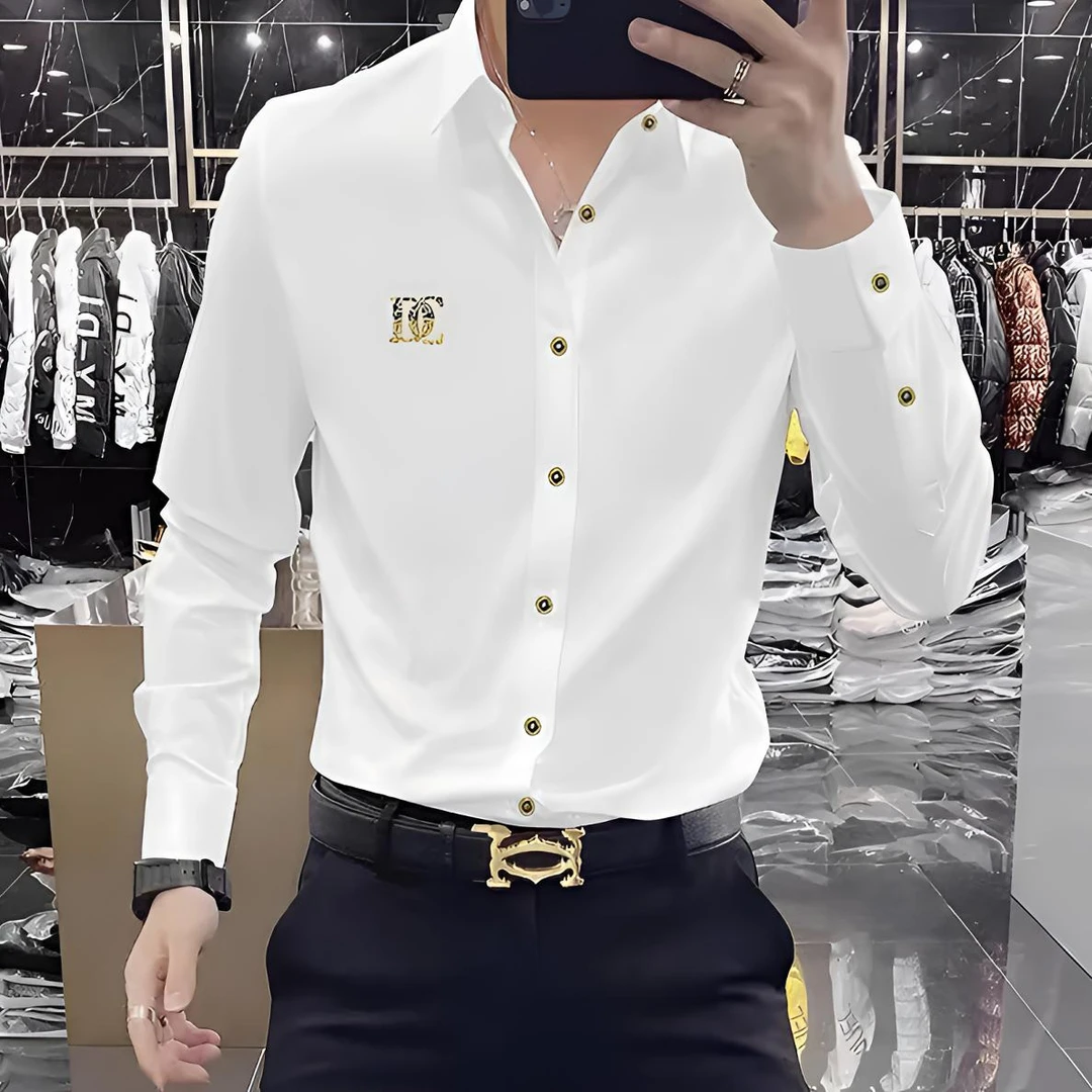轻奢免烫长袖衬衫男高端抗皱修身商务休闲衬衣烫钻冰丝无痕衬衣潮