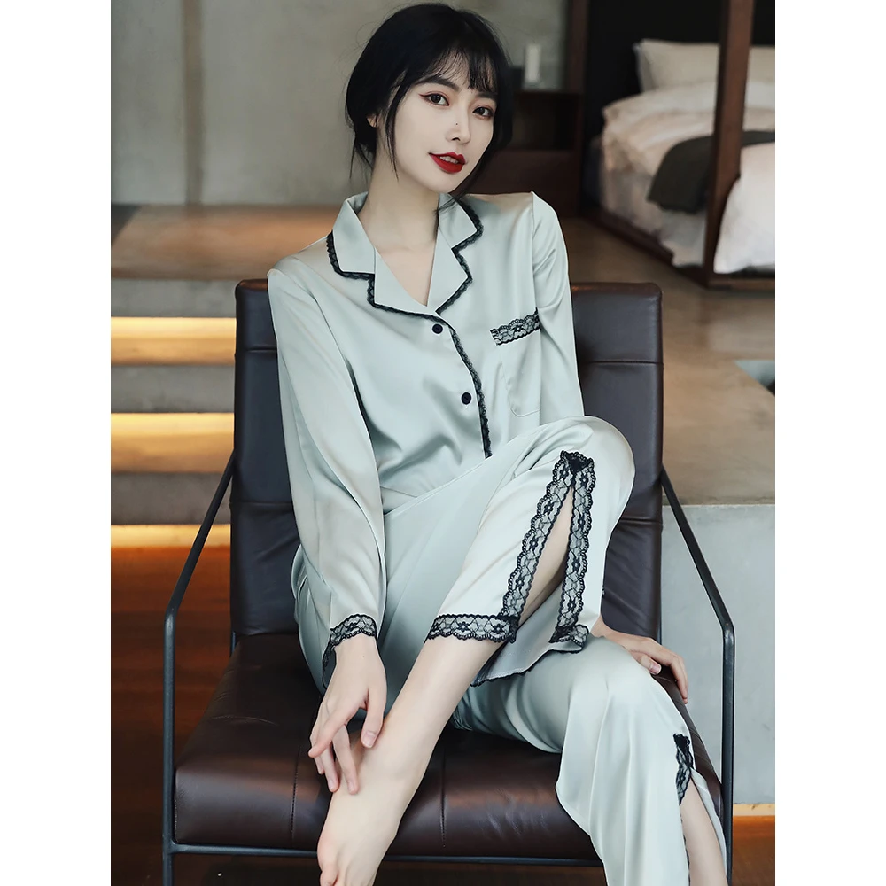 LEEX-ARGE睡衣女春秋夏薄款冰丝绸性感长袖大码可外穿高级感2023