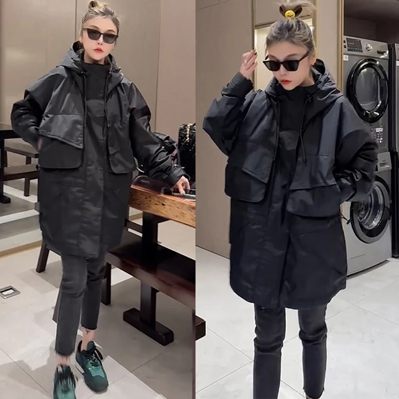 洋气百搭宽松加棉加厚冲锋衣欧洲站2024冬季新款中长款连帽外套潮