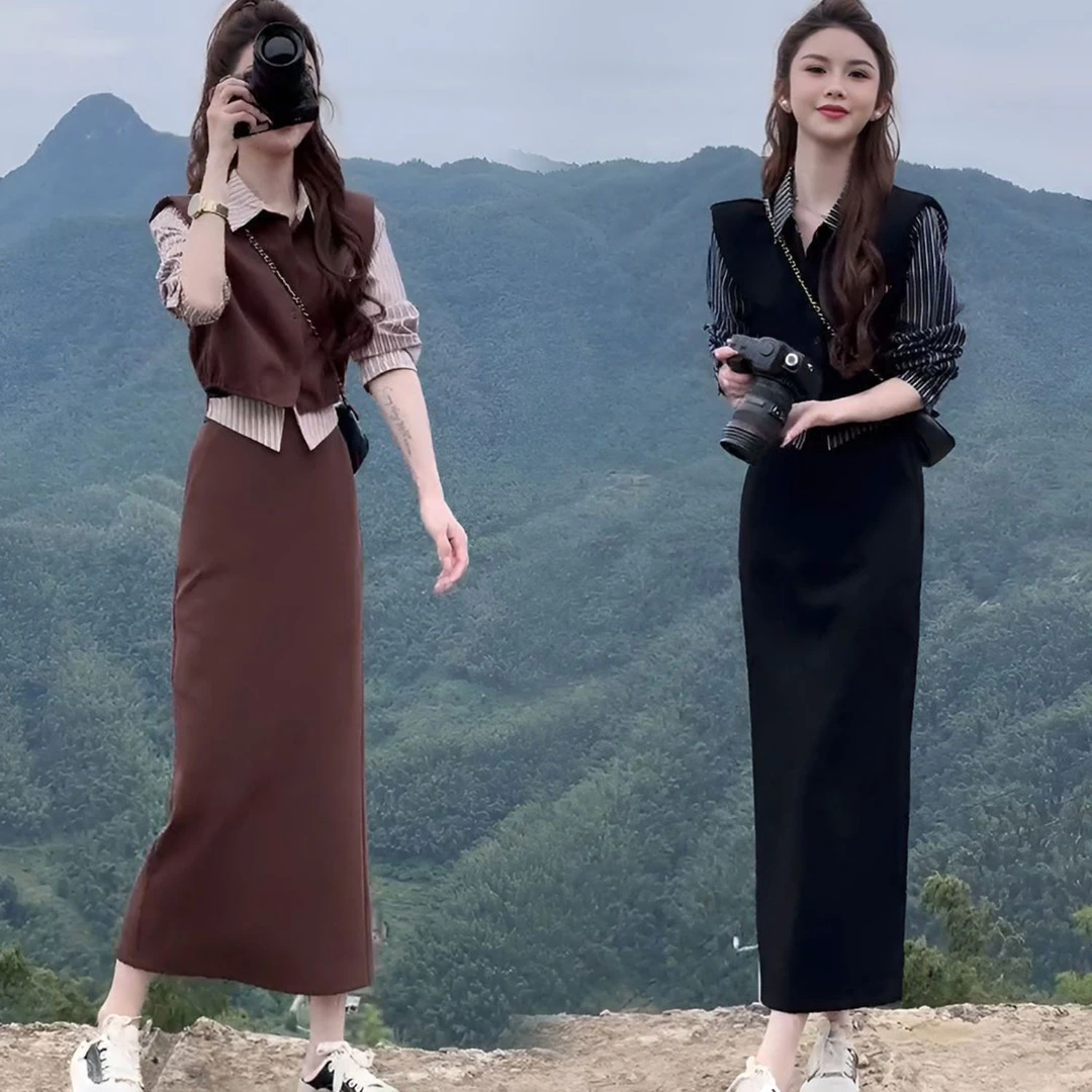 入秋穿搭一整套时髦洋气显瘦时尚套装女条纹衬衫上衣半身裙两件套