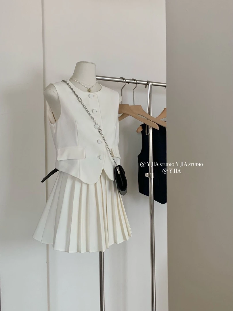 高级时髦气质马甲外套+高腰显瘦百褶半身裙两件套装(配腰带)