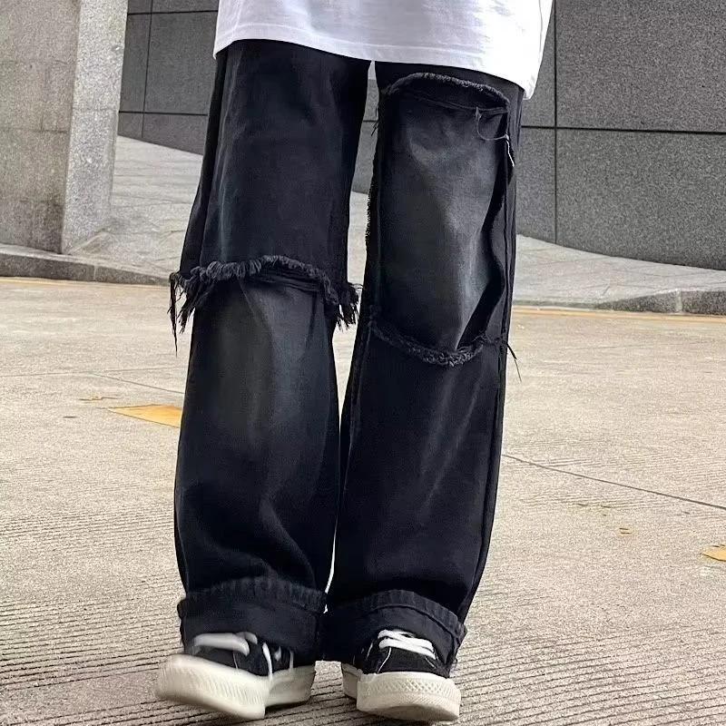 高街复古黑色破洞牛仔裤男女美式设计感毛边直筒裤子宽松阔腿裤潮