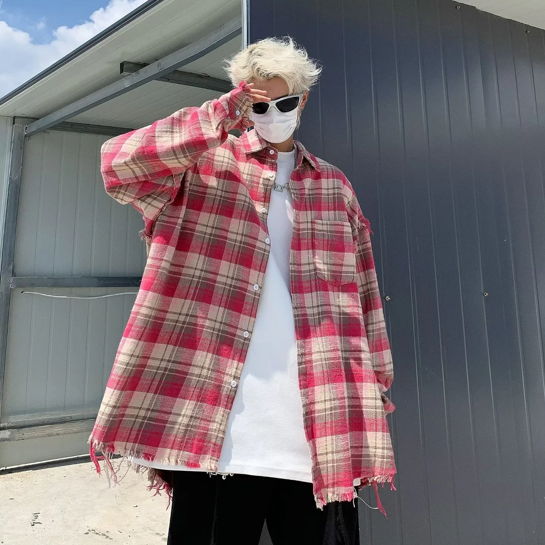 纯棉美式格子衬衫2024春秋新款男长袖宽松流苏毛边设计感衬衣外套