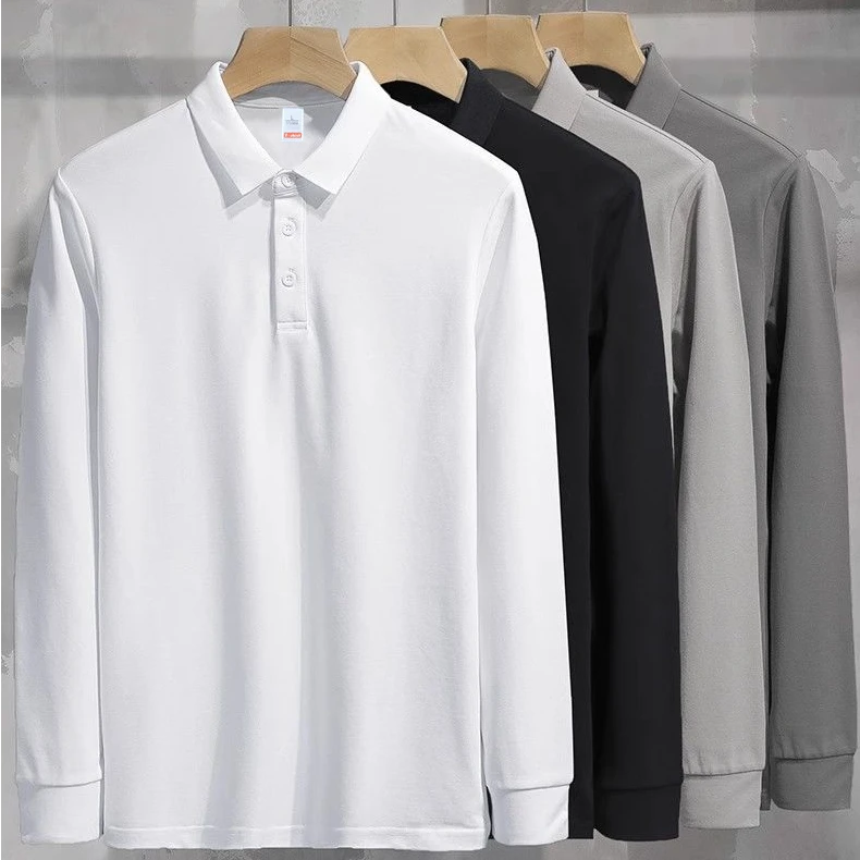 2025春秋新款长袖翻领polo衫t恤男士商务休闲纯色内搭打底衫上衣