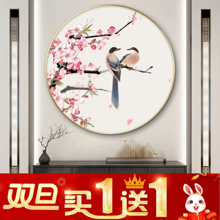 喜鹊装裱桃花装饰画双喜临门挂画喜事中式玄关喜庆壁画走桃花运
