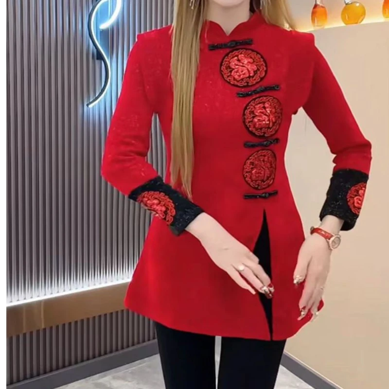 中国风盘扣设计感中长款开叉上衣胖妹妹秋冬新款收腰显瘦时尚t恤