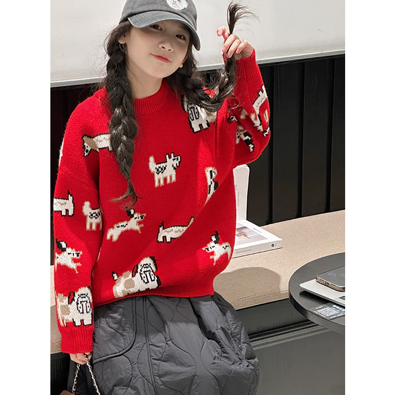 k27939女童红色毛衣秋冬装儿童打底上衣2025新款针织衫加厚过年装