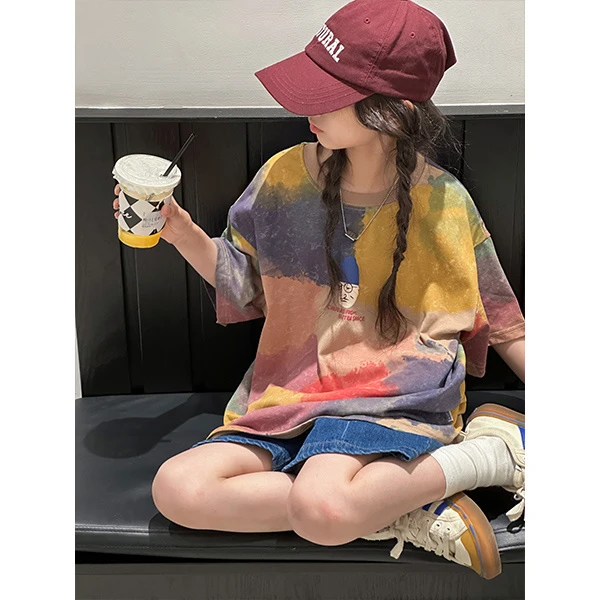 K23810彩色扎染时髦T恤女童2025夏装新款t韩版宽松短袖上衣儿童潮