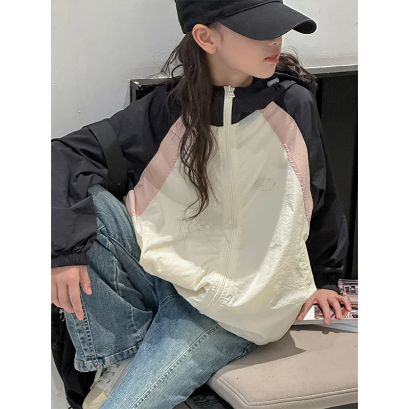 K25660孙小美拼接女童春秋装外套2025新款儿童冲锋衣连帽上衣