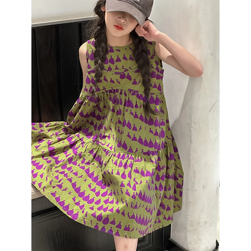 K26535高端满印女童连衣裙2025新款夏季儿童无袖裙子女大童连衣裙