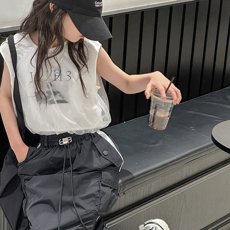 K26357拼接网纱女童夏季T恤2025新款儿童短款上衣无袖打底衫时髦t