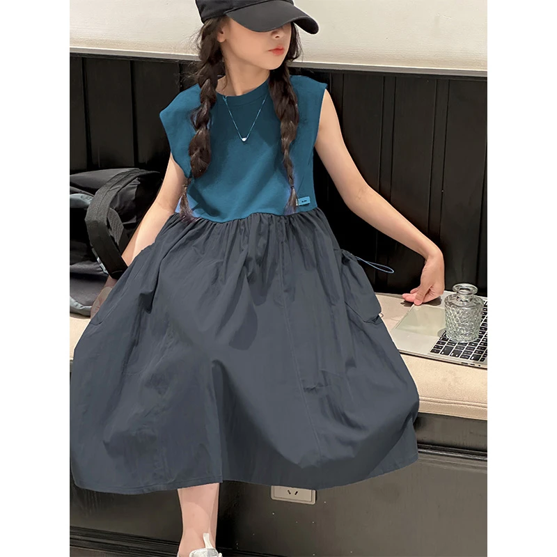 K26866撞色拼接女童连衣裙2025夏季新款儿童裙子无袖背心裙A字裙