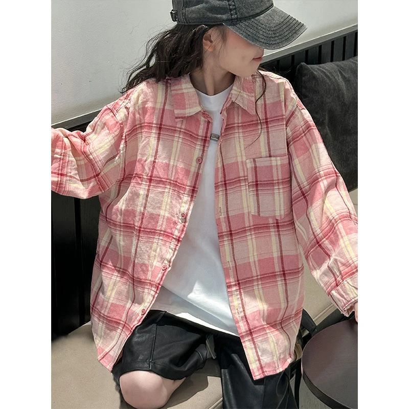 K26918孙小美KIDS女童格子衬衫春秋装儿童外套2025新款长袖上衣服