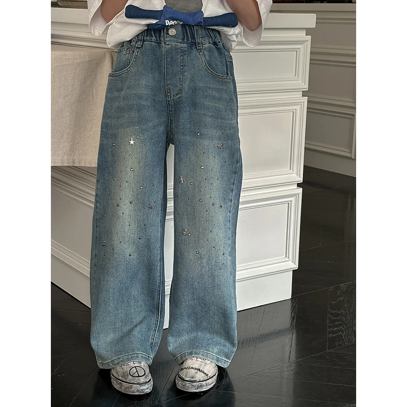 K25701高端立体烫钻女童春装宽松直筒裤儿童牛仔裤2025春秋款裤子