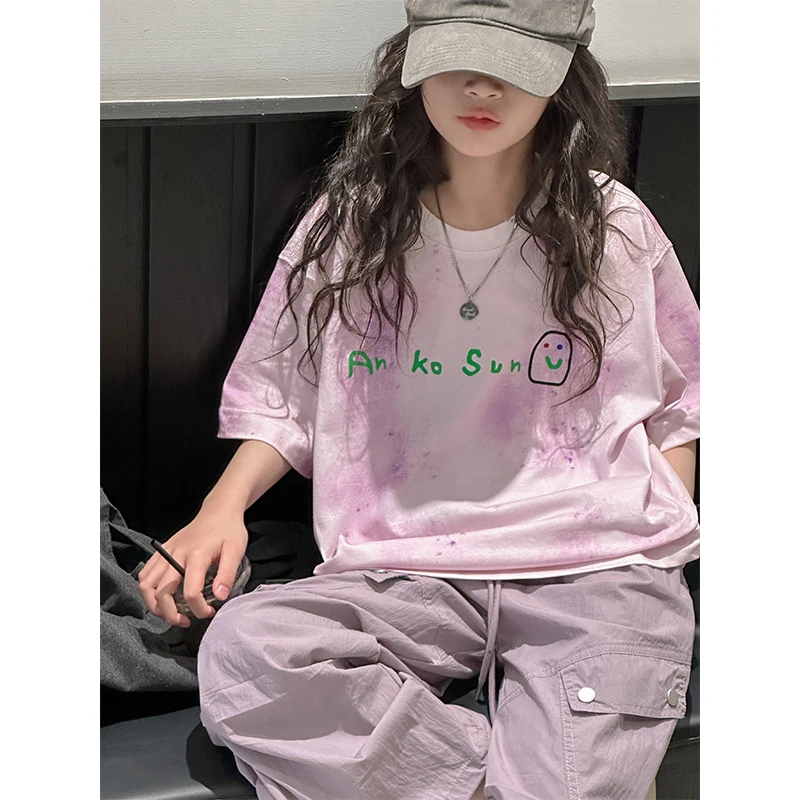 K26066扎染设计女童夏季短袖T恤儿童上衣2025新款宽松半袖打底潮t