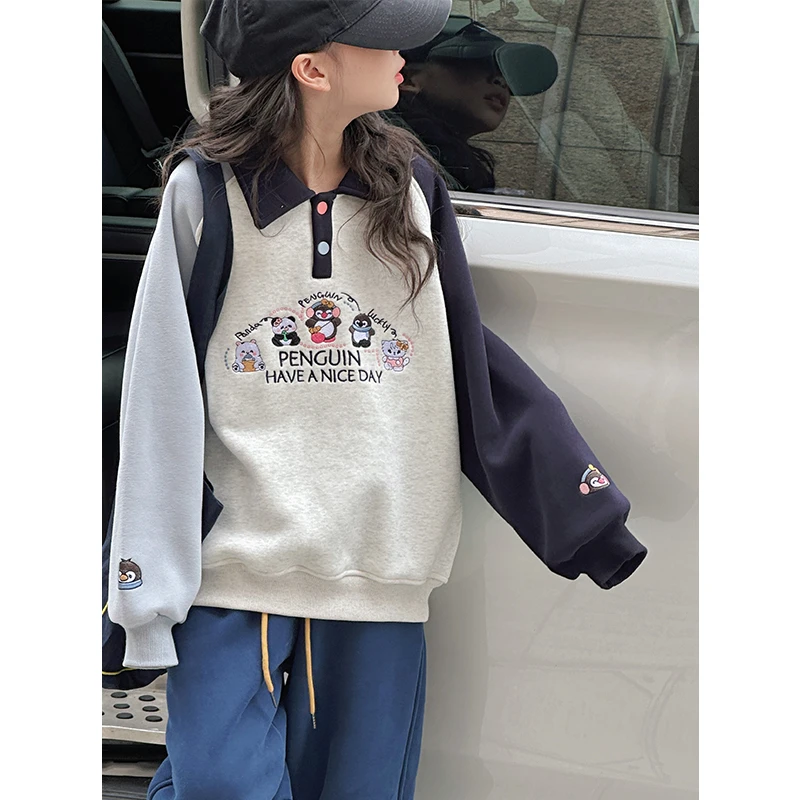 K27824插肩袖女童polo领卫衣2025秋冬装新款儿童加绒加厚洋气上衣