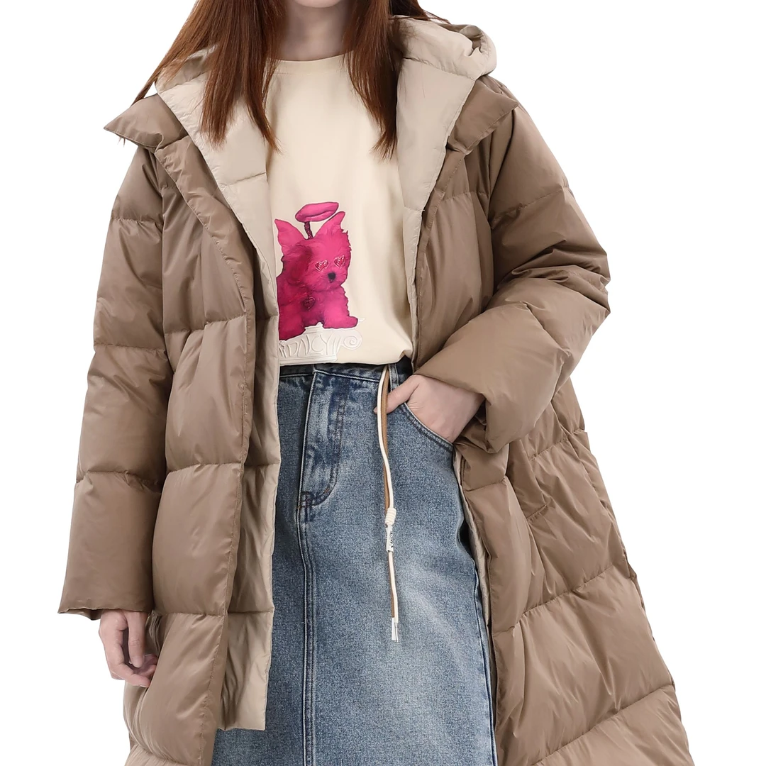 DNCY假两件连帽羽绒时尚休闲百搭女士宽松收腰中长款DA34309204