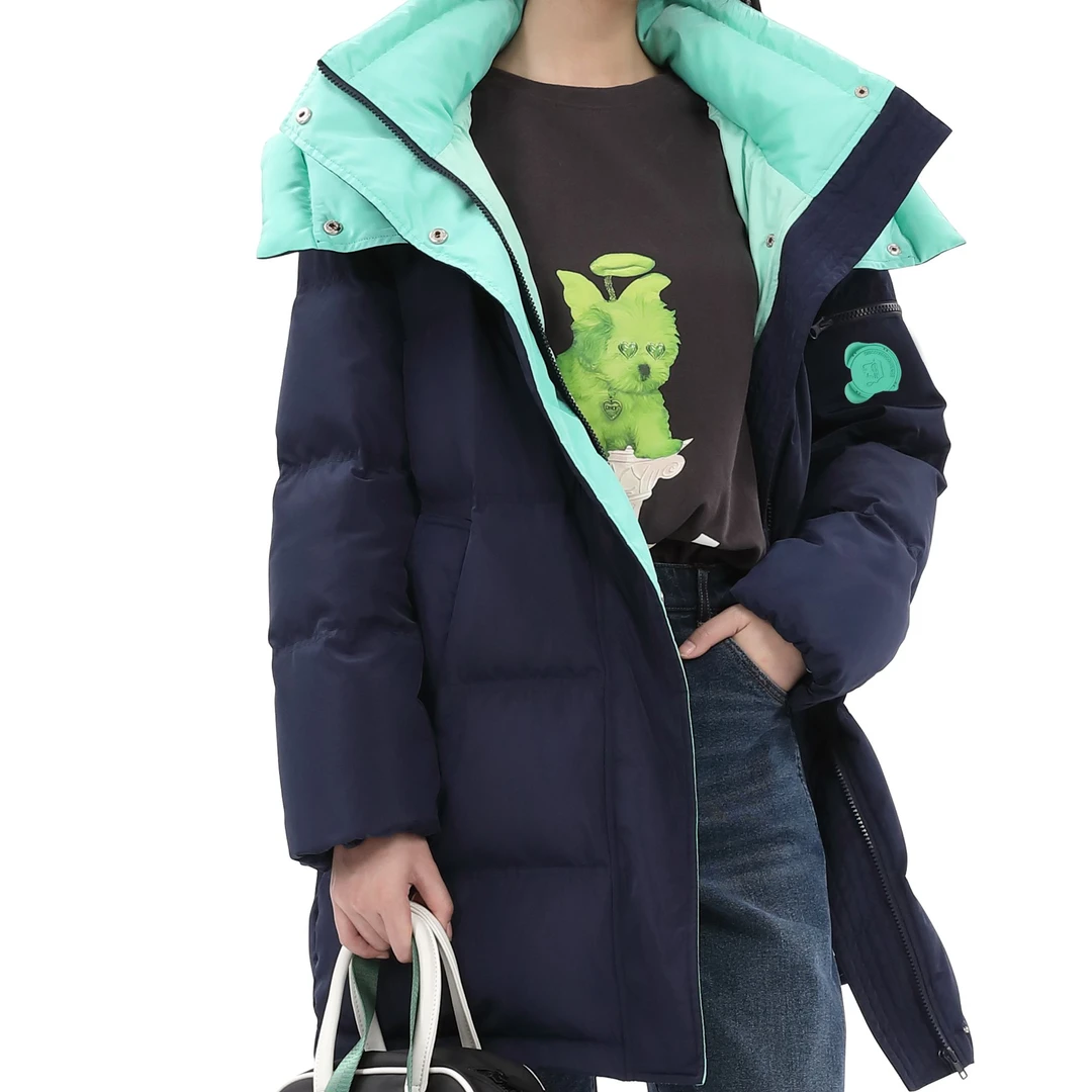 DNCY撞色羽绒服短款时尚休闲连帽中长款加厚保暖冬季DA34409012
