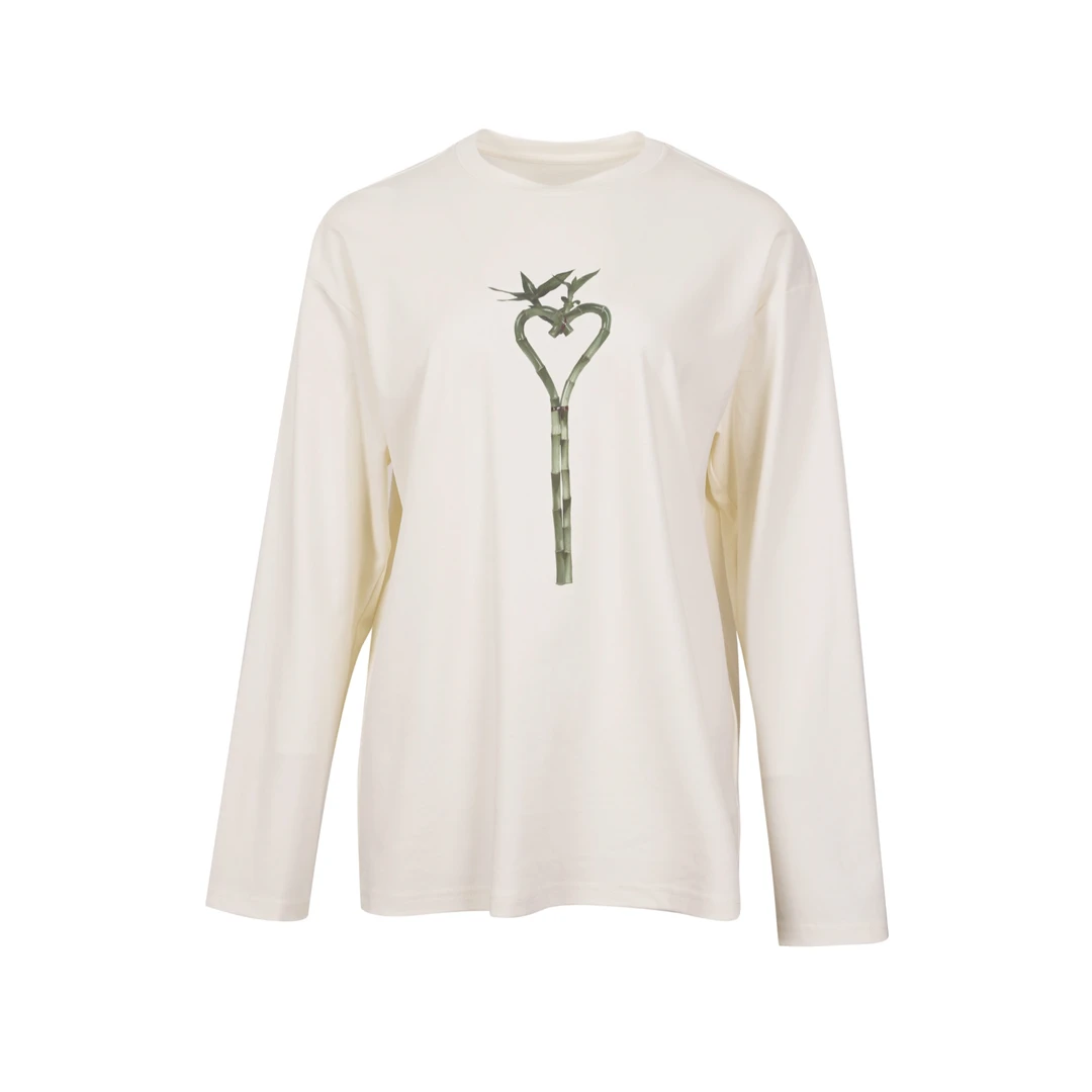 DNCY爱心富贵竹T恤长袖运动白色针织休闲女士印花圆领DA41102193