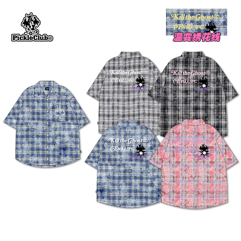 梁拌泡菜PC 恶魔光线绣花短袖衬衫宽松个性街头男女情侣款潮格子