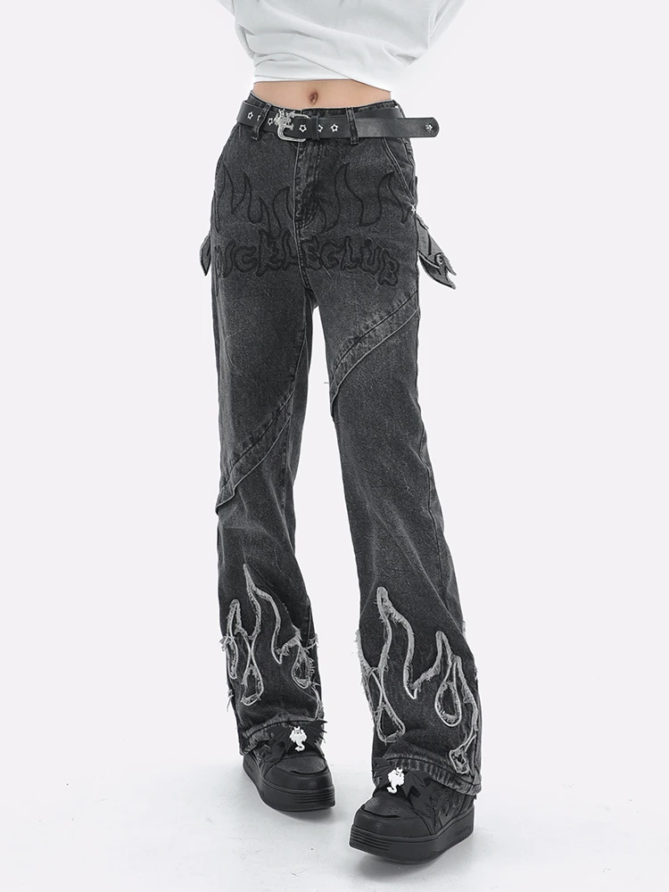 梁拌泡菜 火焰幽灵贴布刺绣牛仔裤街头嘻哈小众休闲男女同款国潮
