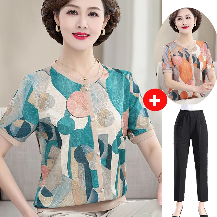 母亲节时尚妈妈装冰丝雕花夏装短袖T恤50岁60中老年宽松两件套H